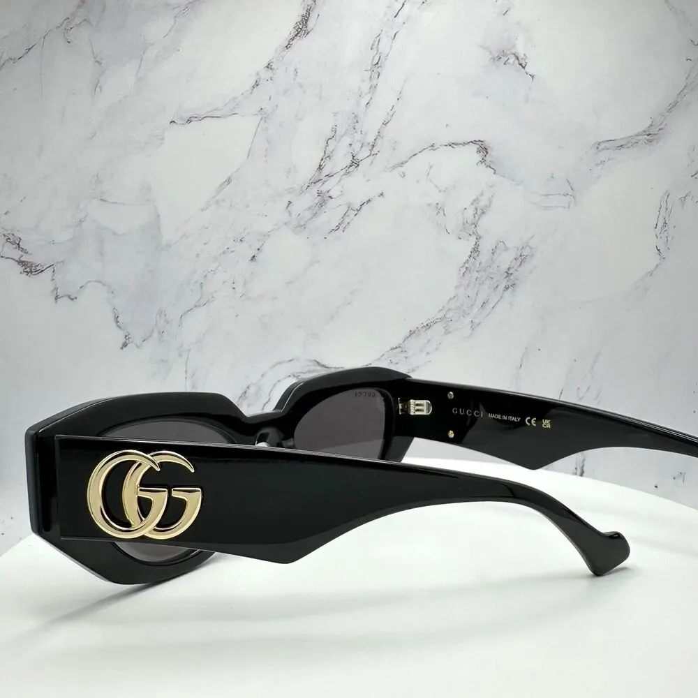 New Gucci Sunglasses Black Cat Eye Gold GG Logo Womens
